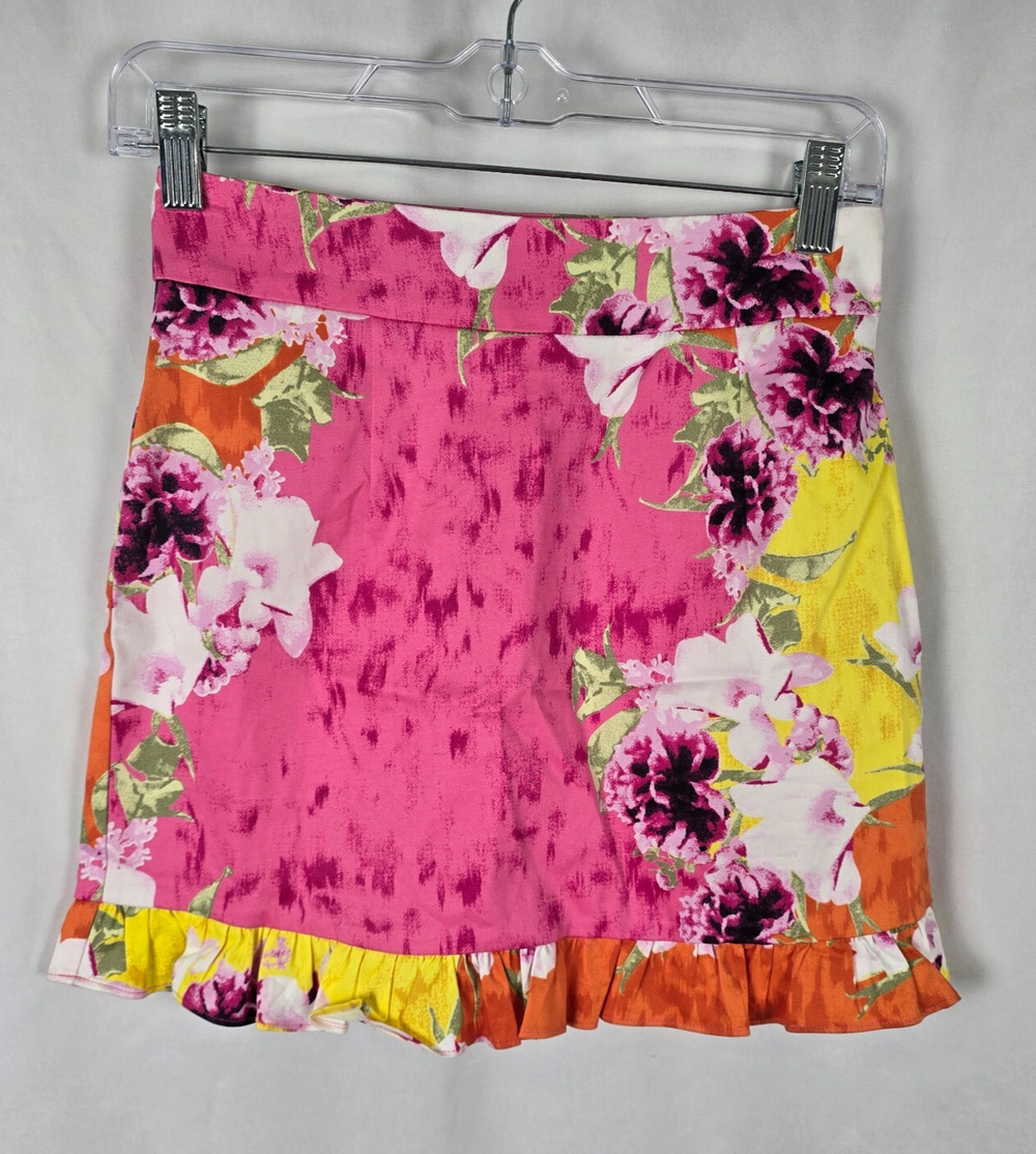 Bar III Mini Skirt Women's XS Pink Colorful Floral Zerina Akers Zipper NWT